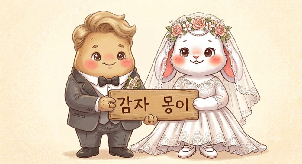 턱시도를 입은 감자와 웨딩드레스를 입은 토끼 몽이가 '감자 몽이' 팻말을 함께 든 그림